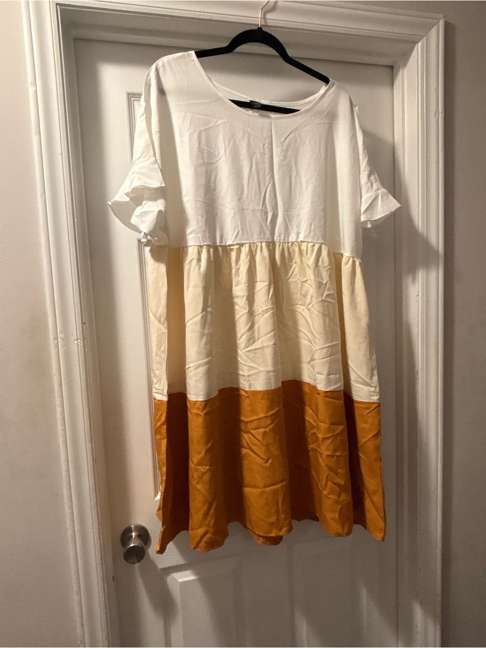 SHEIN White, Cream & Mustard Colorblock Tiered Casual Dress